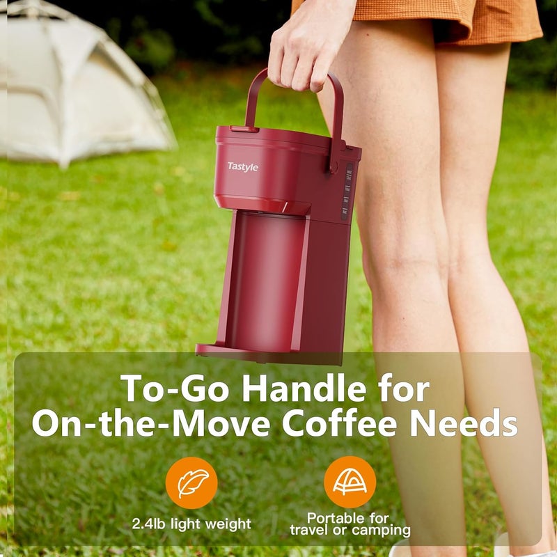 Tastyle Single Serve One Cup Coffee Maker, for K Cups and Grounds, Mini Coffee Maker with Portable Handle, 6 to 12 Oz Brew Size, for Travel, Camping, Office, RV and Dorm, 120V, Vintage Red - Image 4